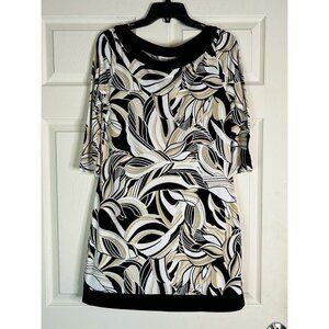 WHBM Abstract Print Tunic Top Women’s Medium 3/4 Sleeve Black Beige White Blouse